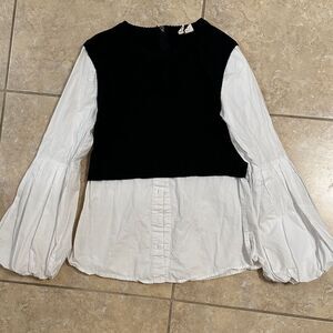 Moth Black and White Blouse with Puff Sleeves
